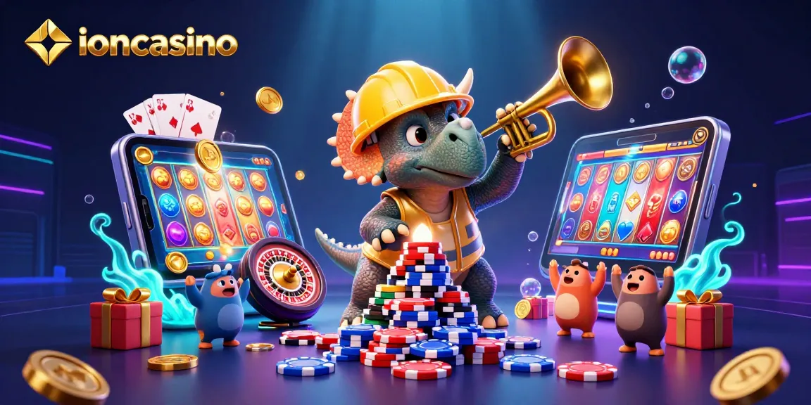 Experience the excitement of ioncasino with a vibrant triceratops building poker chips and a celebration scene.