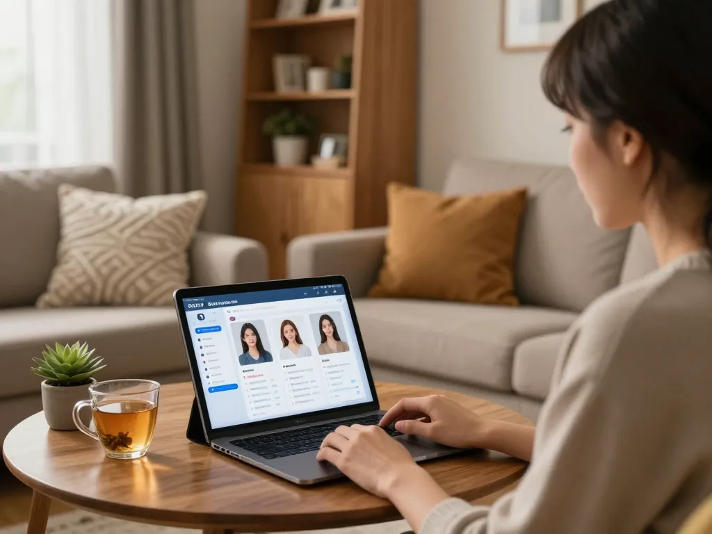 Person customizing their ai gf on a tablet in a cozy living room, showcasing a lifelike virtual relationship.