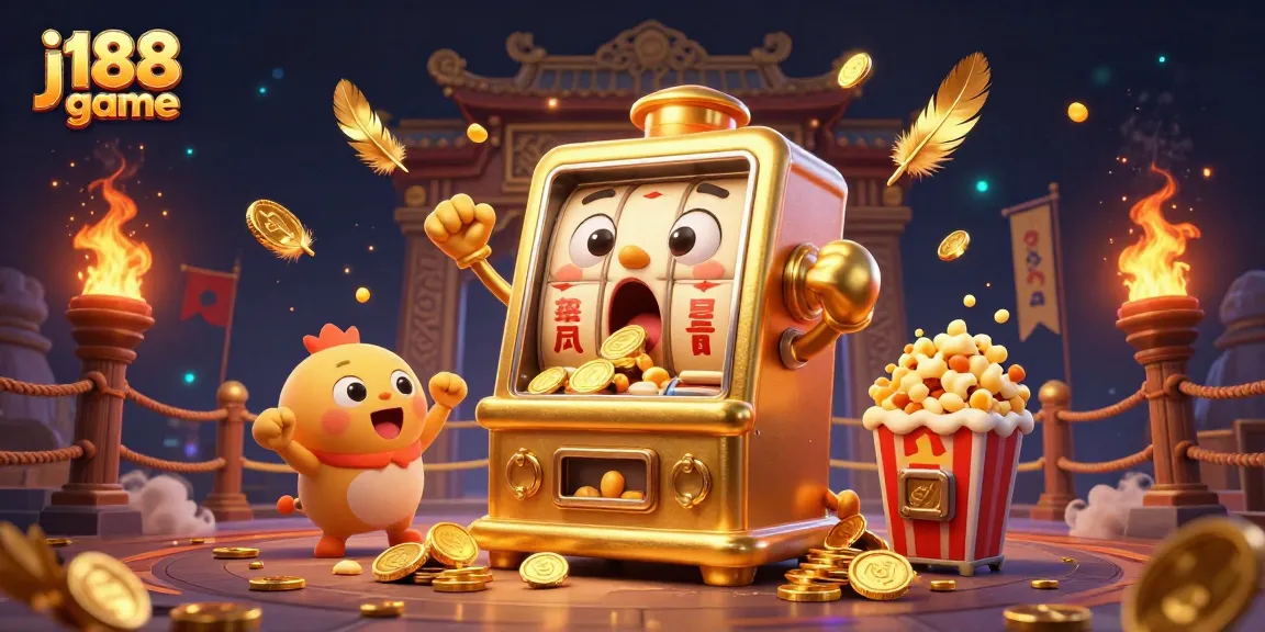 j188 game shows a golden slot machine hitting a jackpot as coins pour out, amidst dynamic Vegas-style visuals.