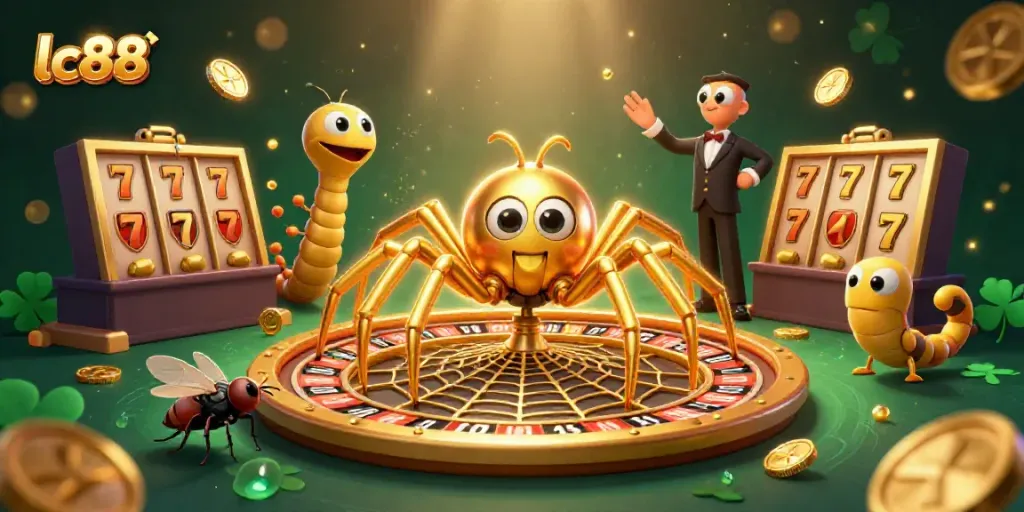 Experience thrilling gameplay at lc88 as a golden spider spins a roulette wheel web with exciting slot elements.