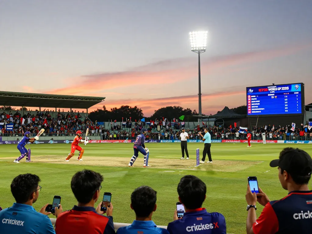 Fans engaging with the crickex app during a live T20 World Cup match, capturing the excitement of cricket.