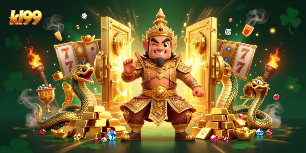 Experience excitement with kl99's vibrant casino scene featuring a guardian and treasures.
