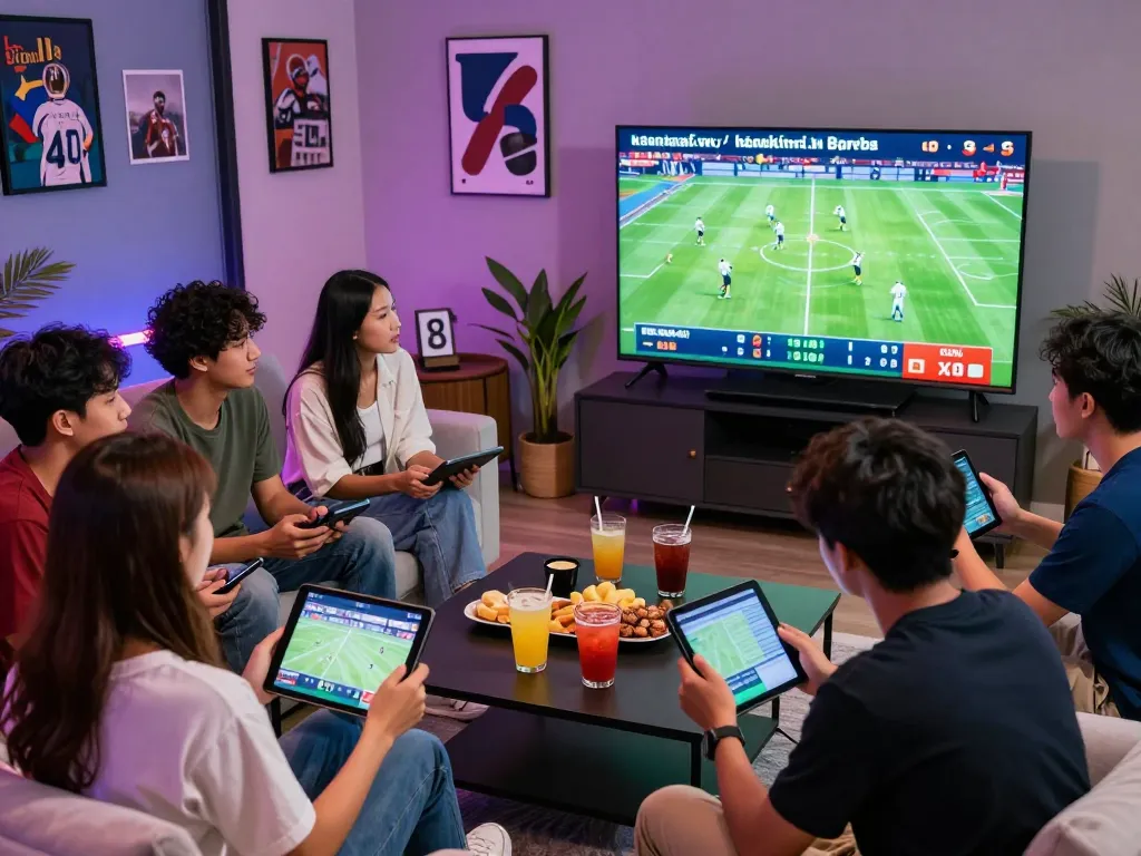 Exciting sports betting environment with friends engaging with https://keonhacai8.tv/ during a live football match.