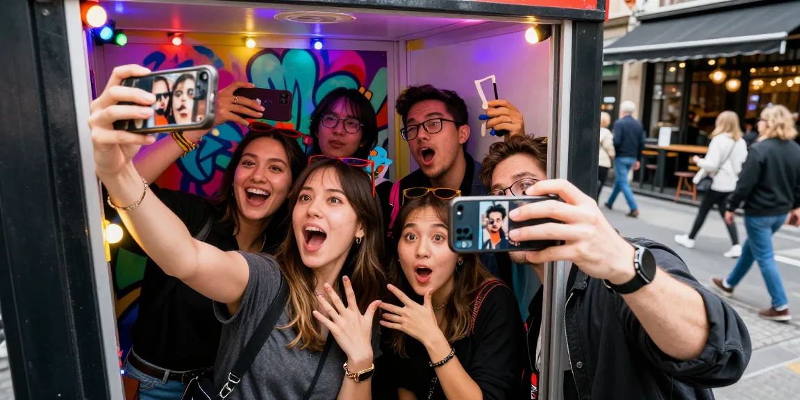 A group of friends enjoying their celebrity look alike experience at a vibrant urban photo booth, showcasing joyful selfies and laughter.