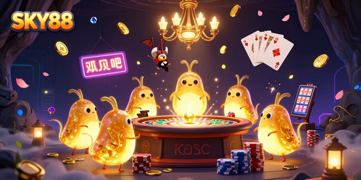 Join the fun at SKY88 with glowworms lighting a vibrant casino scene filled with riches.
