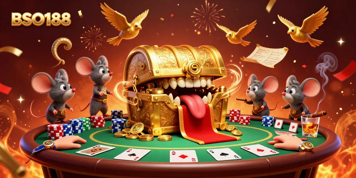 Players engage in BSO188's thrilling poker action amidst vibrant celebration and treasures.