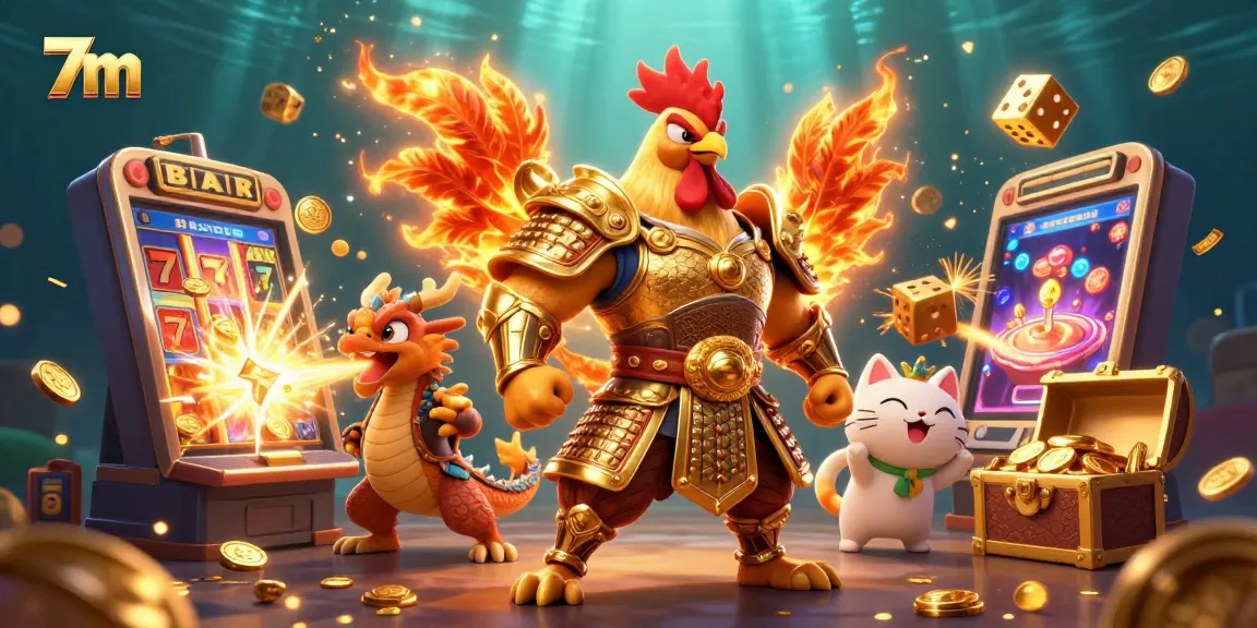 Experience thrilling moments at 7m with a dynamic scene featuring a rooster warrior, dragon hatchling, and casino games.