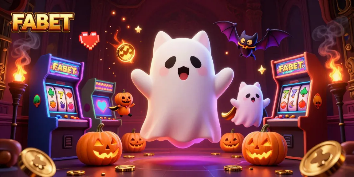 FABET's friendly ghost cat and bat companion win in a vibrant haunted casino scene.