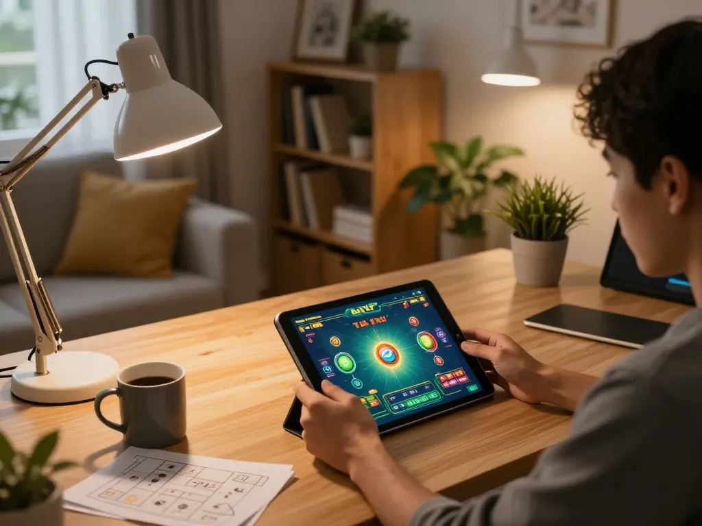 Engaging in tài xỉu online gameplay from a cozy home office setup, person focused on tablet gaming