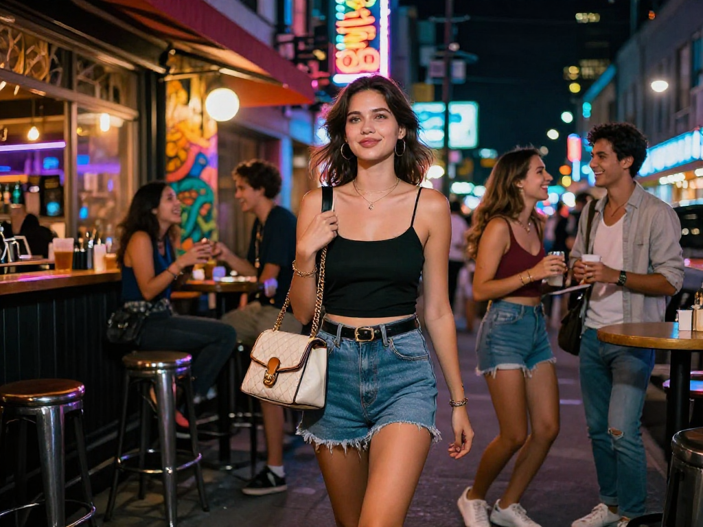 Gái gọi trên đường phố đầy ánh đèn neon, tạo dấu ấn trong không gian phố về đêm.