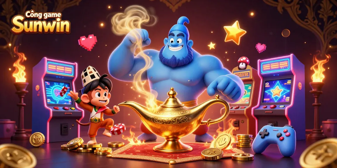 Engaging illustration of Cổng game Sunwin featuring a genie, monkey, and magic carpet amidst casino game elements.