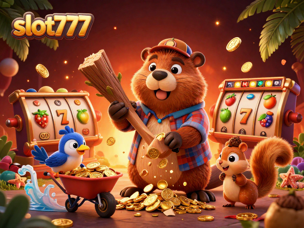 Win big with slot777 by spinning reels alongside a beaver and bird collecting golden coins!