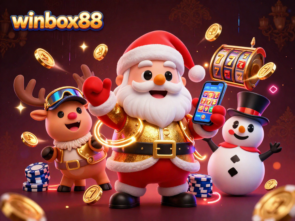 Winbox88 casino experience illustrated with Santa and friends enjoying thrilling slot jackpots.
