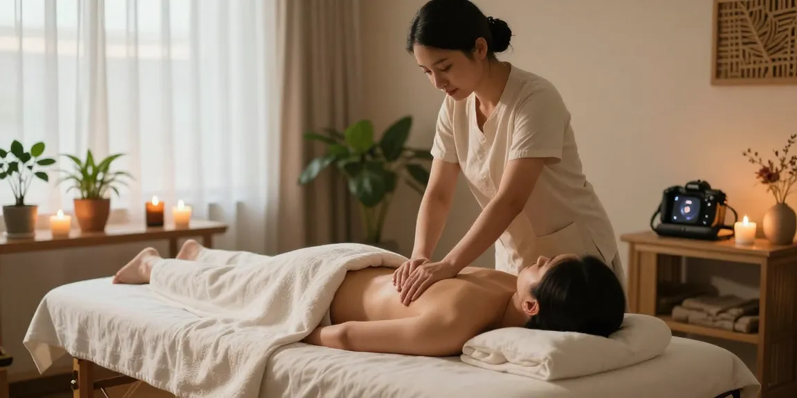 마사지 테라피 중인 모습과 아로마 캔들, 편안한 분위기의 스튜디오