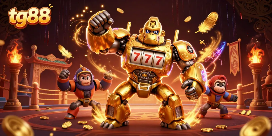 Engage with tg88's thrilling casino adventure featuring a golden gorilla mech amidst a dynamic gambling scene.
