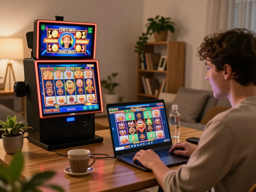Player enjoying online slots on laptop at home, celebrating wins on jus77 platform.