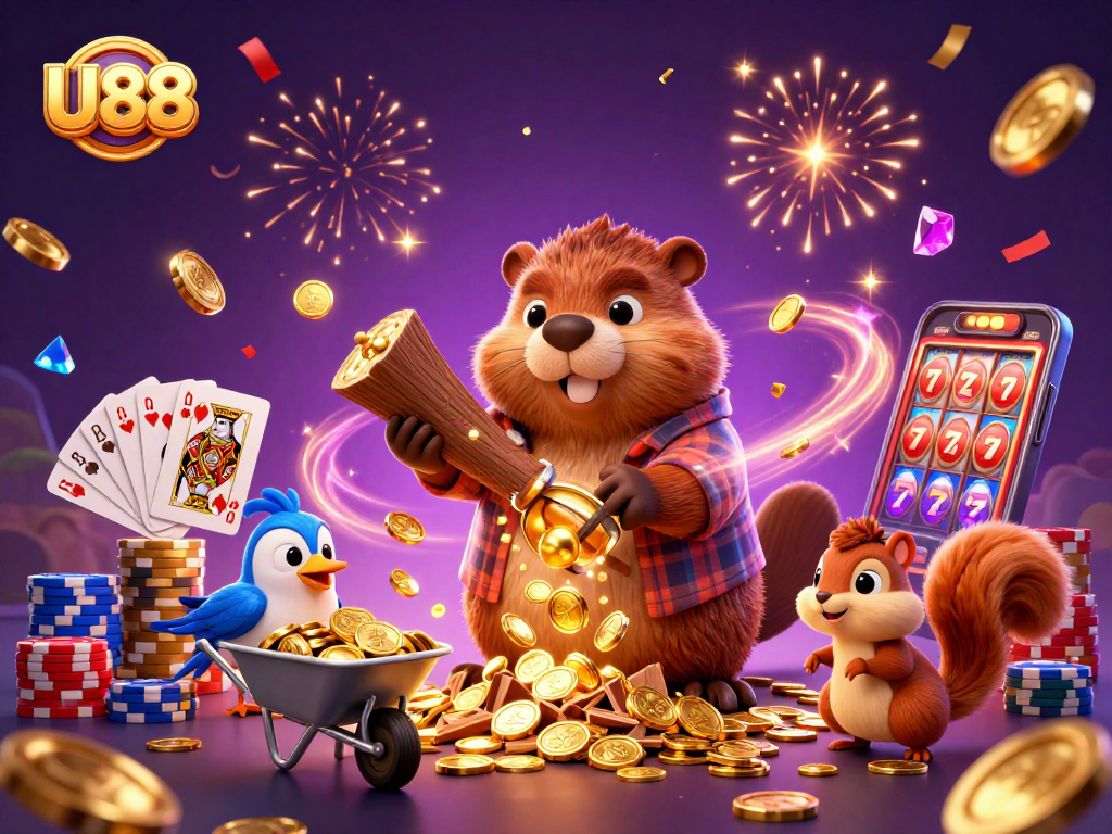 U88 online casino’s vibrant illustration features a beaver and friends winning gold, showcasing festive gaming excitement.