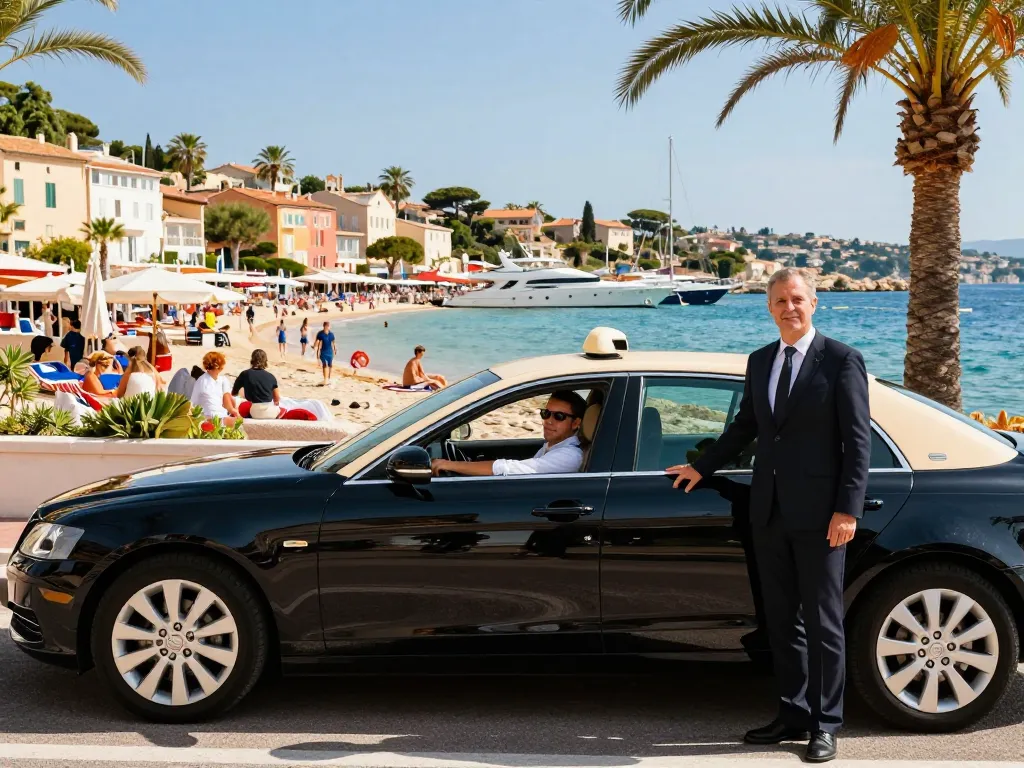 Service de taxi de luxe à Saint-Tropez, présentant des options de voyage confortables près de la plage.