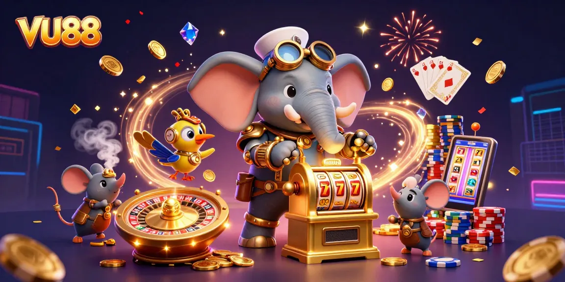 Experience thrilling moments at VU88 with a steampunk elephant operating a golden slot machine amidst cascading coins and festive elements.
