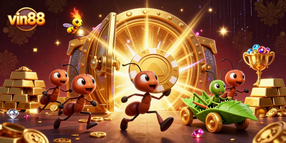 Join the vin88 adventure as ants run a heist, carrying a giant poker chip in this thrilling casino illustration.