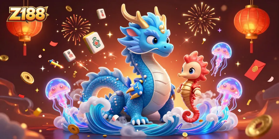Experience the excitement of Z188 with vibrant casino elements led by a majestic dragon and playful seahorse knight.