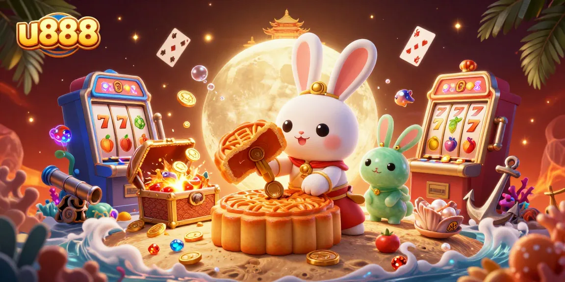 Win big with u888, featuring vibrant moon rabbits, poker chips, and dynamic gaming elements.