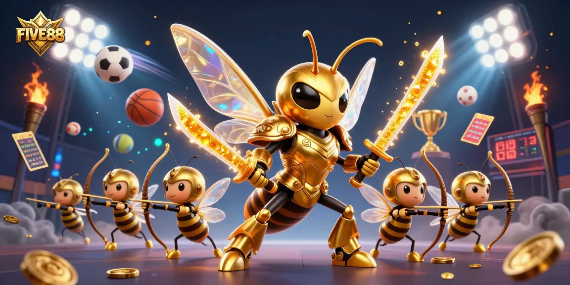 Engage in thrilling casino gameplay at FIVE88 with a vibrant and dynamic 3D illustration depicting exciting sports betting elements.