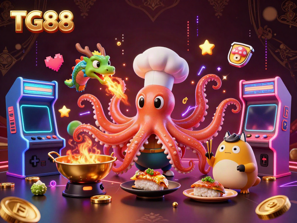 Engage in vibrant gaming action at TG88 with a hyper-detailed illustration of an octopus chef, dragon, and tanuki amidst dazzling casino elements.