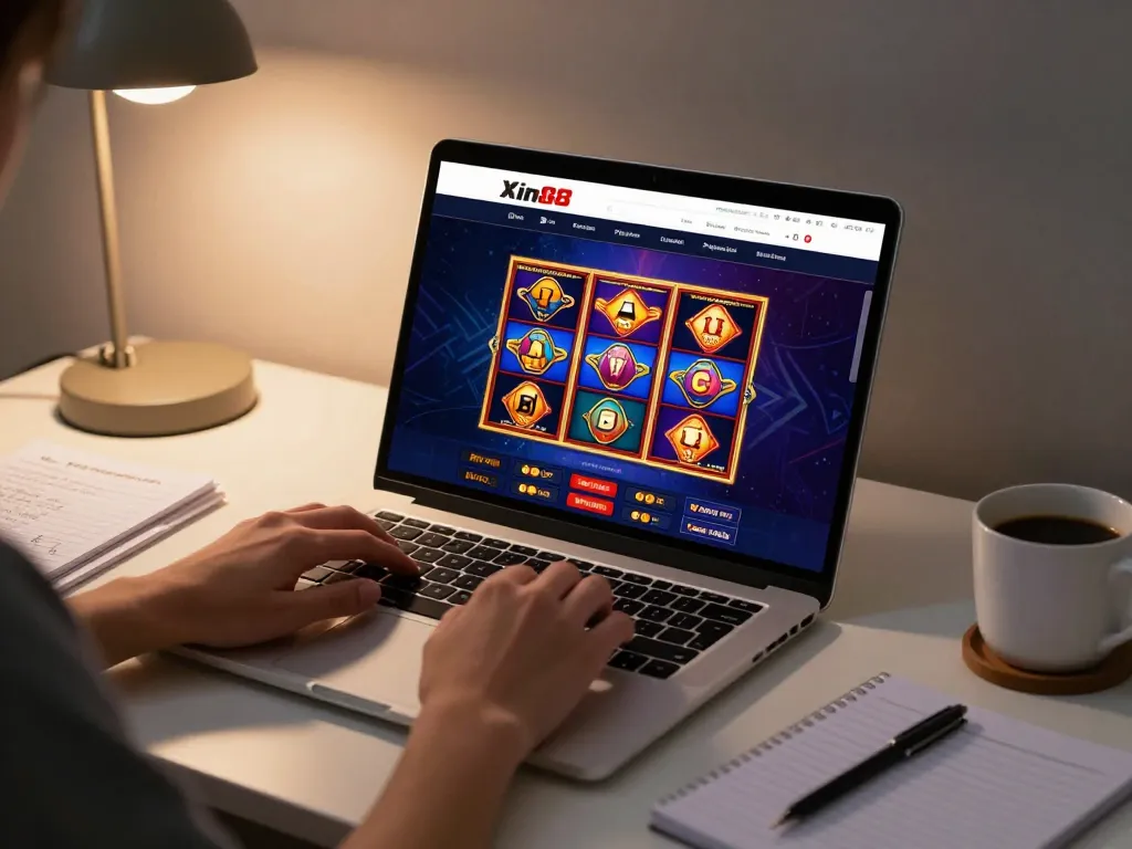 Play slots on Xin88 casino platform using a laptop at a cozy desk