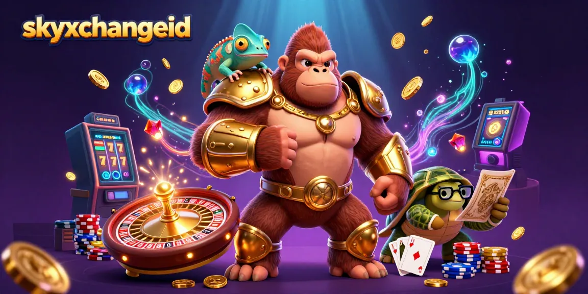 Experience thrilling betting action with skyxchangeid featuring a gorilla king, chameleon, and gambling elements.