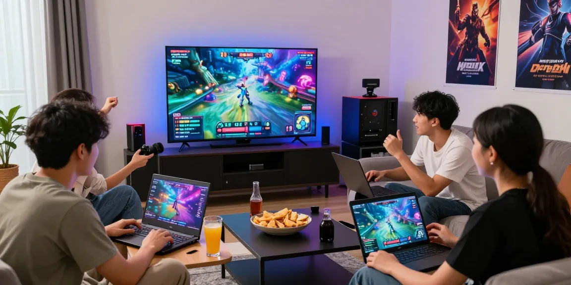 Group enjoying 68gamebai gaming together in a vibrant living room