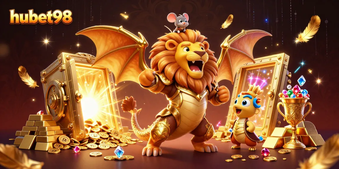 Experience wins at hubet98 as a chimera creature guards treasures in a dynamic casino scene.