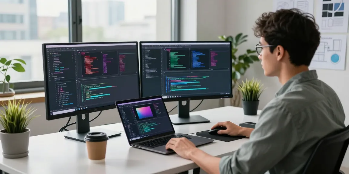 Developing software at telegramin-cn.com with dual monitors and modern workspace