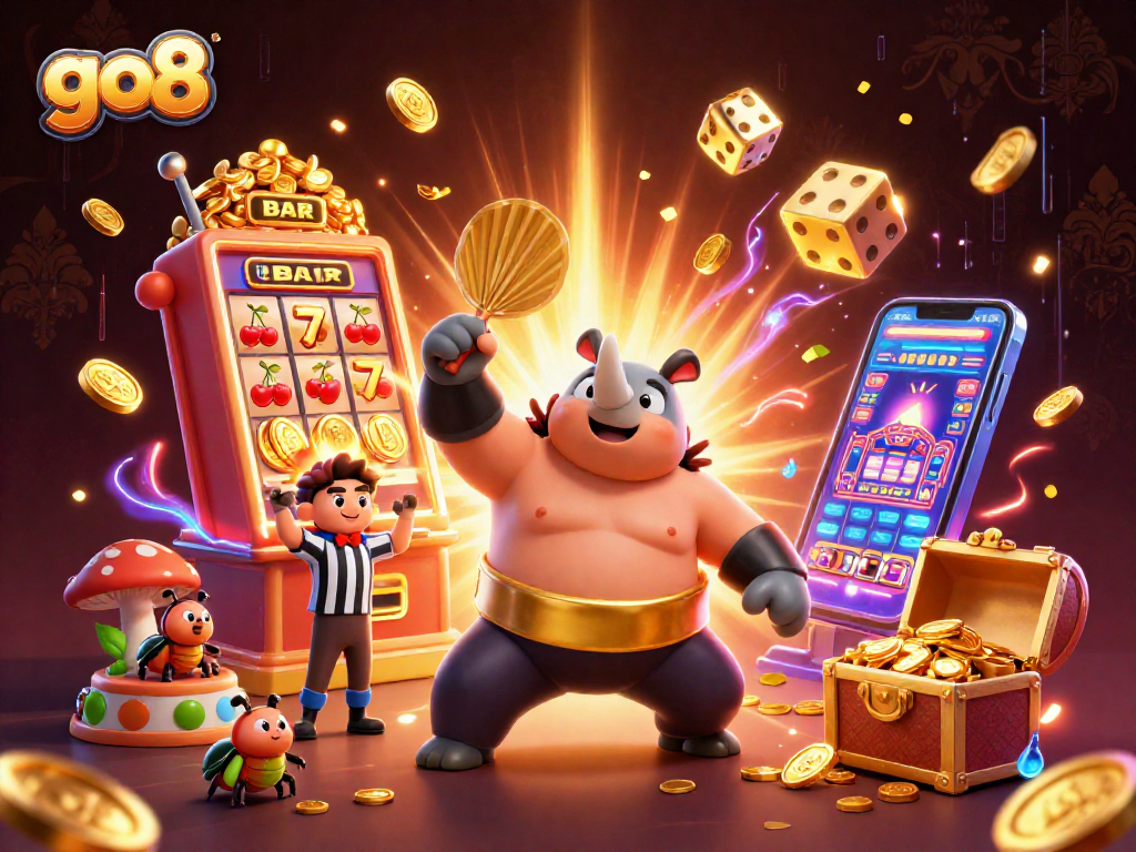 Experience the excitement of go8 with a thrilling 3D beetle competition, surrounded by jackpots and casino symbols.