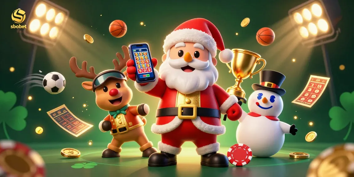 SBOBET sports betting scene featuring Santa Claus, reindeer, and snowman with dynamic sports elements