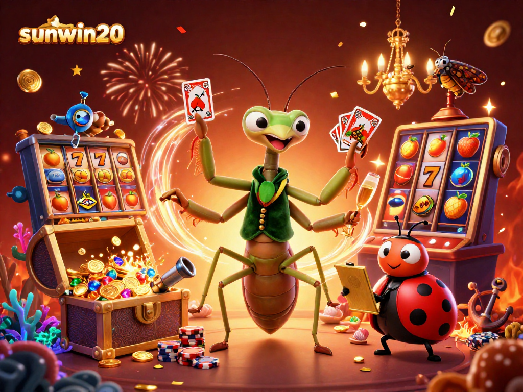 sunwin20 elevates your gaming adventure in vibrant slots alongside charming casino characters.