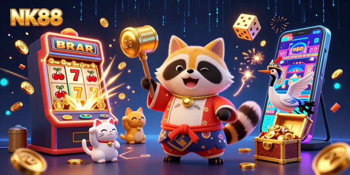 Experience thrilling jackpots at NK88 with a vibrant illustration of lucky raccoon and colorful fortune cats.