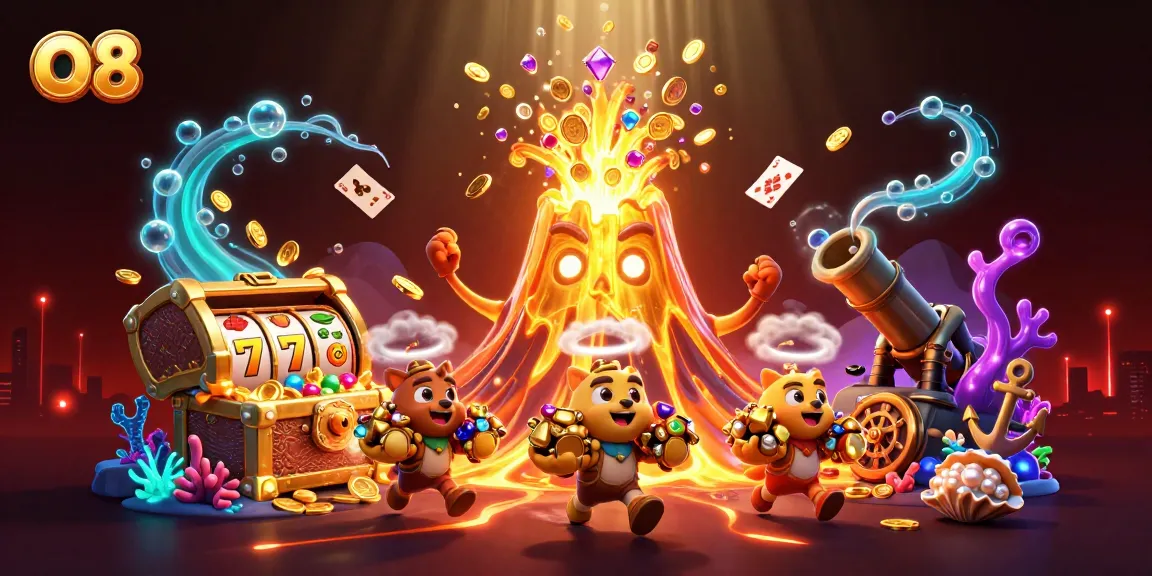 O8 players engage with vibrant slot reels amidst a triumphant golden volcano eruption, overflowing with treasure.