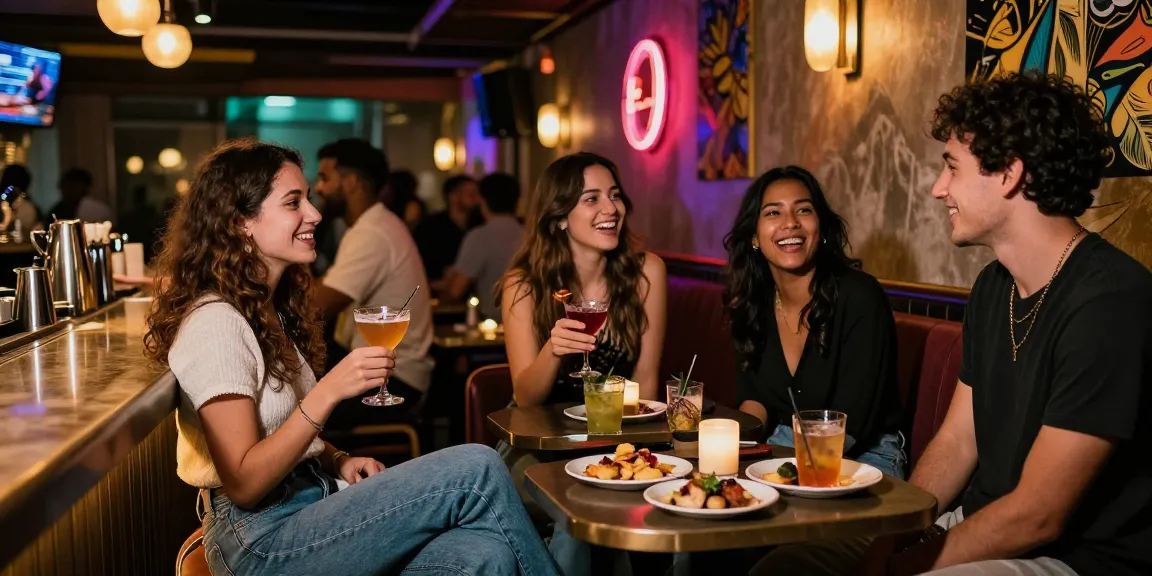 Chủ đề gái gọi trong bối cảnh quán bar hiện đại, giới trẻ tận hưởng buổi tối sôi động