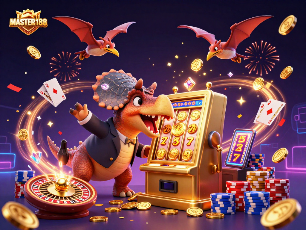 Experience the thrill of MASTER188 as pachycephalosaurus strikes a slot machine, winning a jackpot!