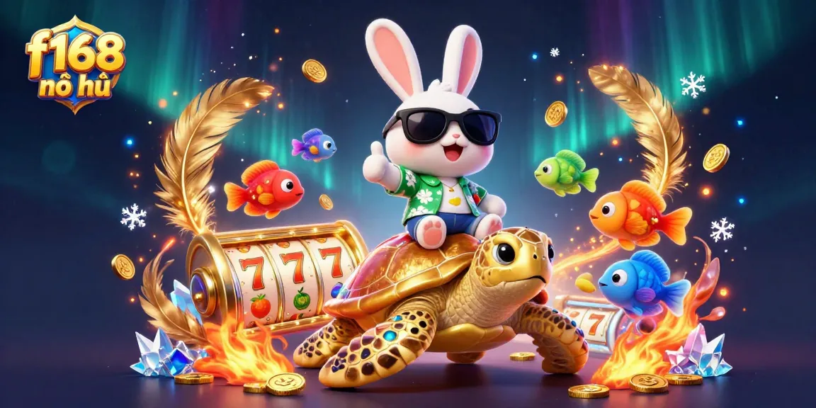 Spin the reels at f168 nổ hũ with a cheerful rabbit and golden turtle in a lively casino scene.