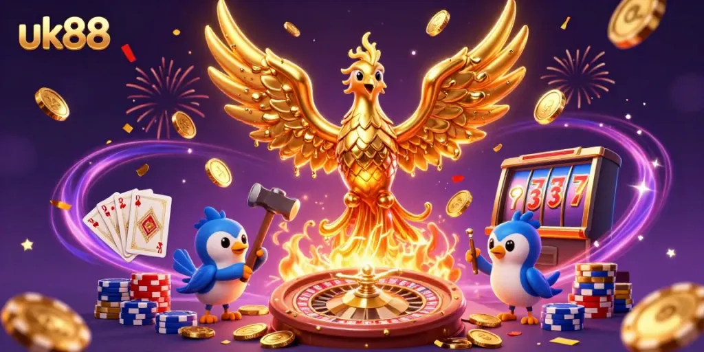 Experience thrilling gameplay with uk88 featuring a majestic golden phoenix signaling victory and fortune.
