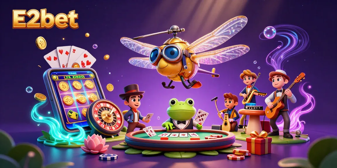 Experience thrilling gaming at E2bet with vibrant 3D casino illustration featuring various games.