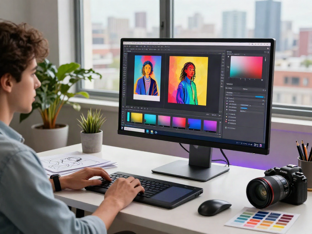 Designer using an ai image editor in a modern creative workspace.