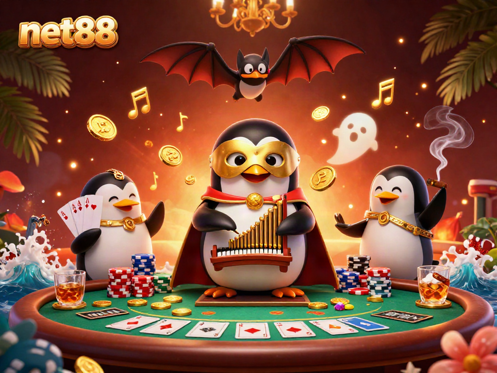 Experience thrilling gameplay with net88 as a charming penguin orchestrates winnings in an engaging casino scene.