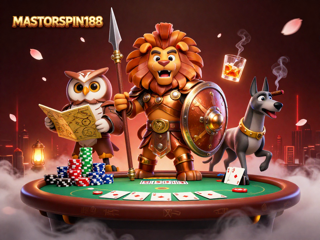 Engage in thrilling poker at MASTERSPIN188 with a Spartan lion and owl strategist.