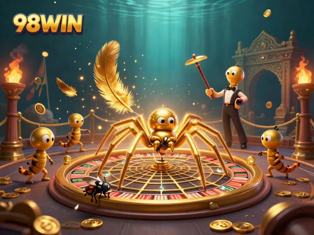 Bet on 98WIN as a golden spider spins a roulette wheel, creating a vibrant casino scene.