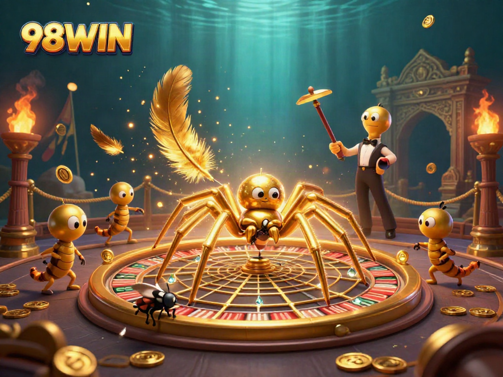 Bet on 98WIN as a golden spider spins a roulette wheel, creating a vibrant casino scene.