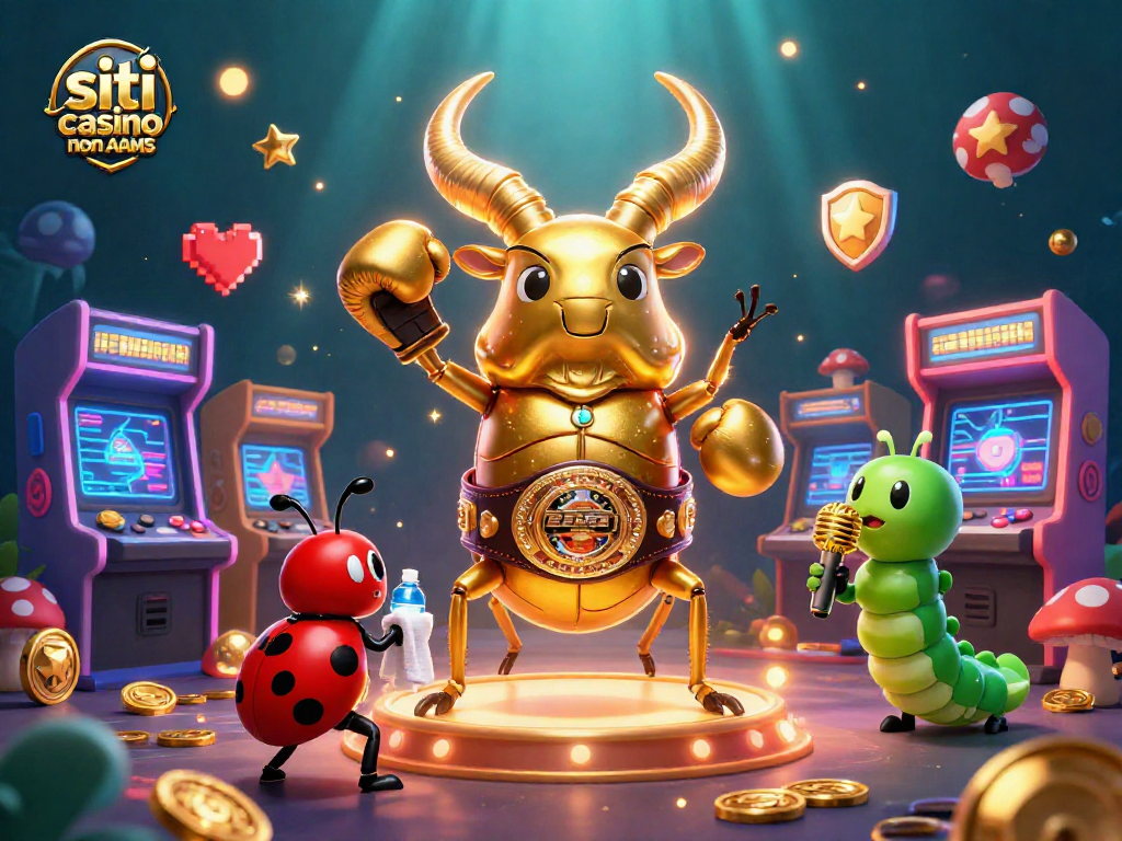 Illustrazione 3D di un gigantesco scarabeo dorato per casinò non AAMS con elementi di giochi arcade vivaci.