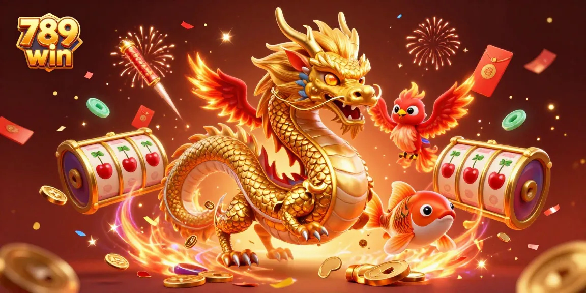 Spin and win with the vibrant 789 win casino scene featuring a dragon, phoenix and koi fish.